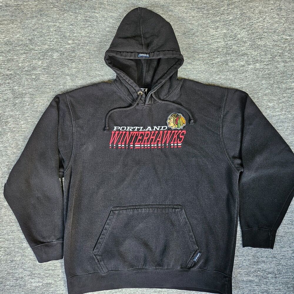 Vintage Portland Winterhawks Hockey Hoodie Sweatshirt XL Native American Black